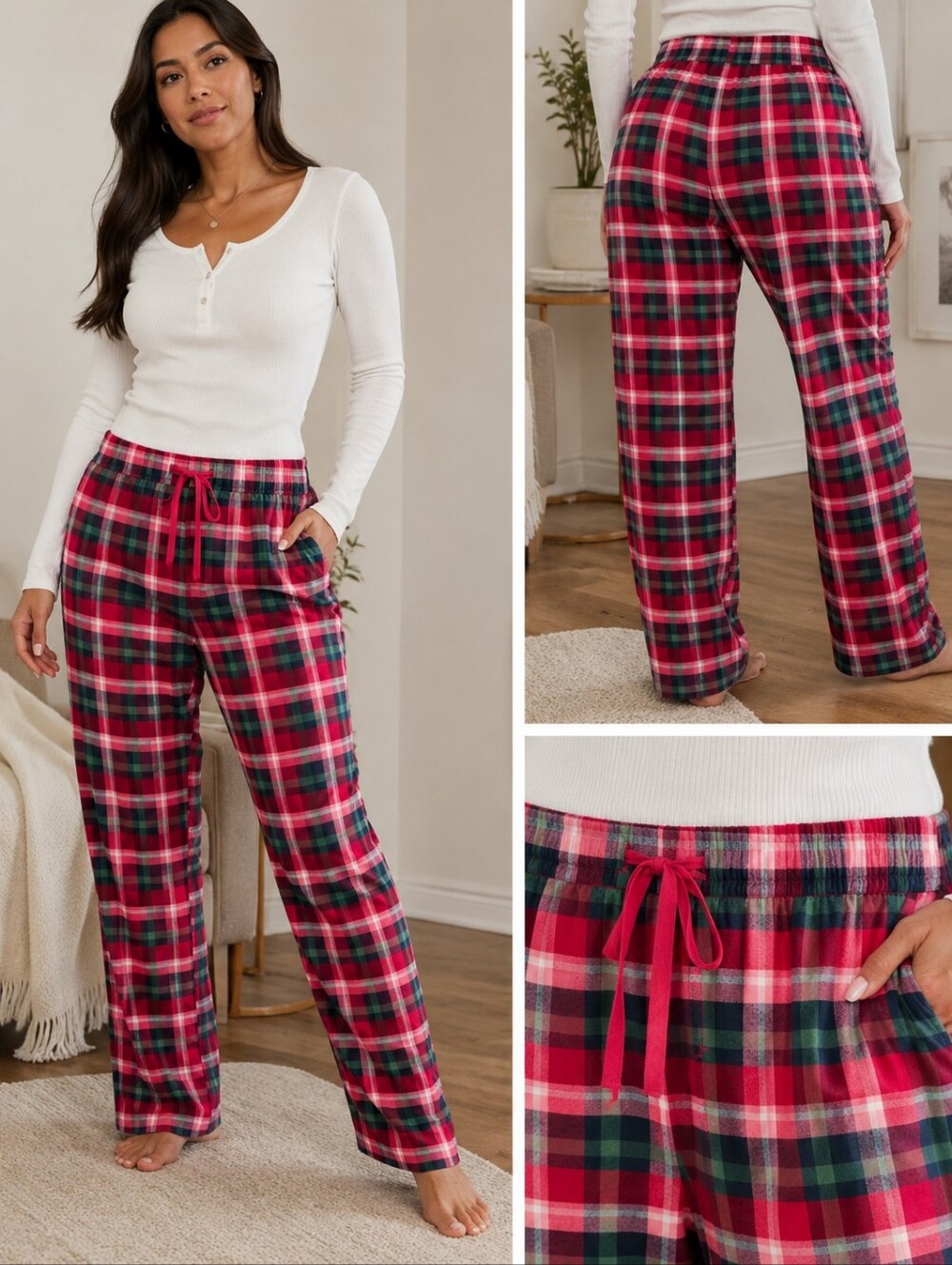 Life is Good Plaid Sleep Lounge Pajama Pants Women’s Large Red Green Cozy Holida